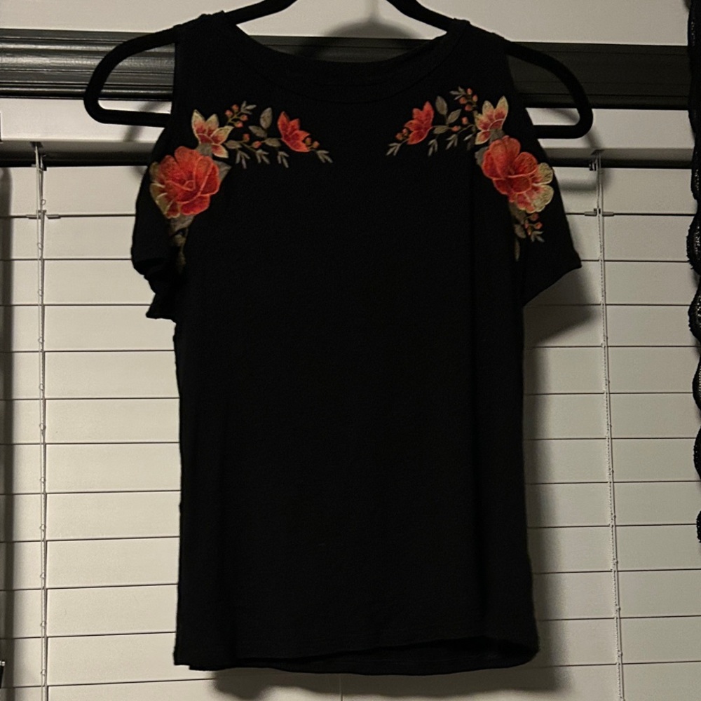 American Eagle Outfitters Black Top with Red Floral Embroidery